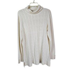 Talbots Cable Knit Turtleneck Sweater Tunic 2X Ivory Wool Button Cuff Detail
